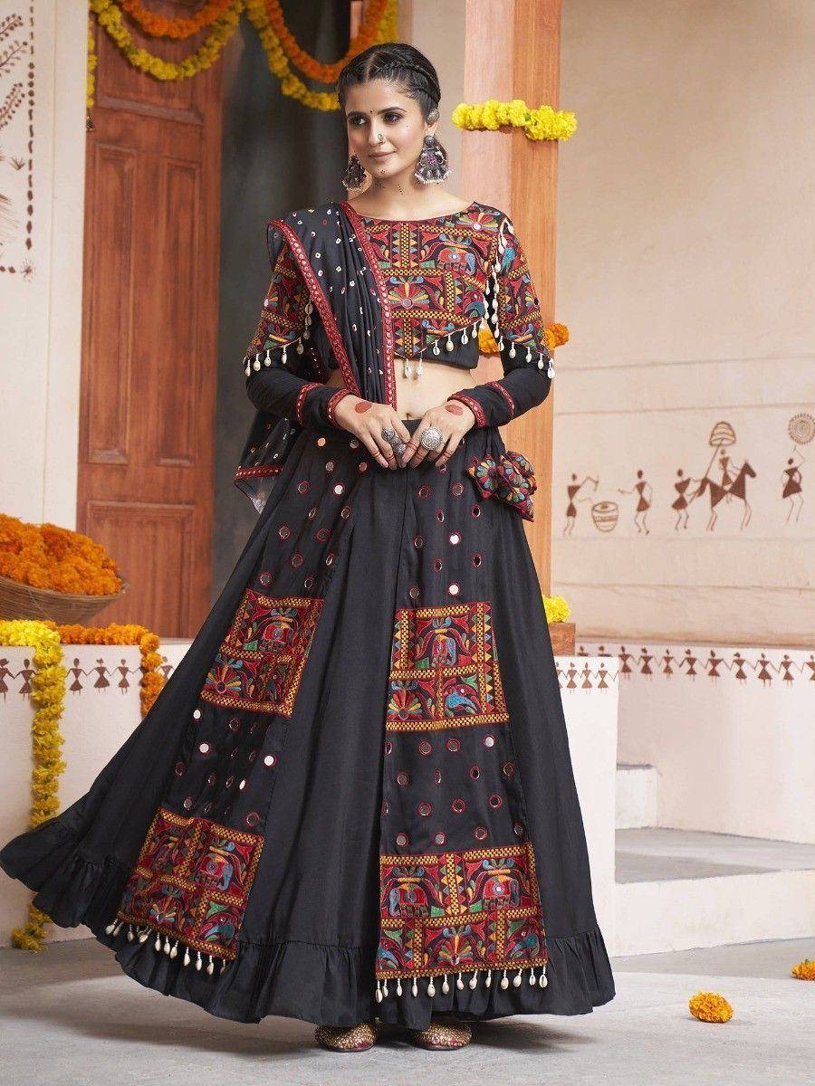 Black embroidered ethnic lehenga choli with mirror work, perfect for Indian festivals and weddings