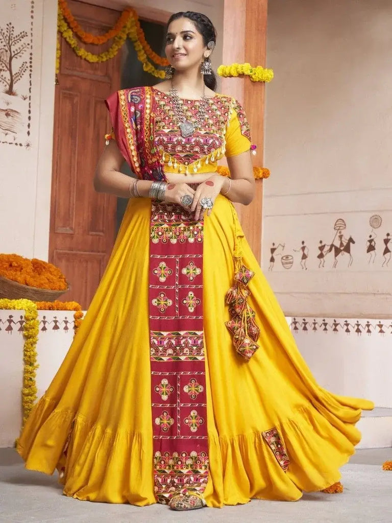 Appealing yellow Thread Work Rayon Navratri Lehenga Choli