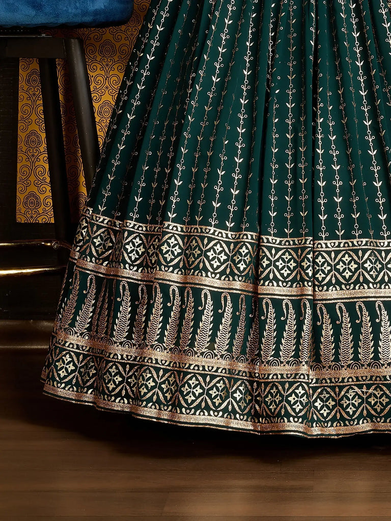 Marvelous Green Foil Work Georgette Festival Wear Gown With Dupatta