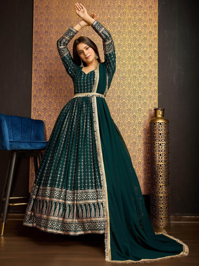 Marvelous Green Foil Work Georgette Festival Wear Gown With Dupatta