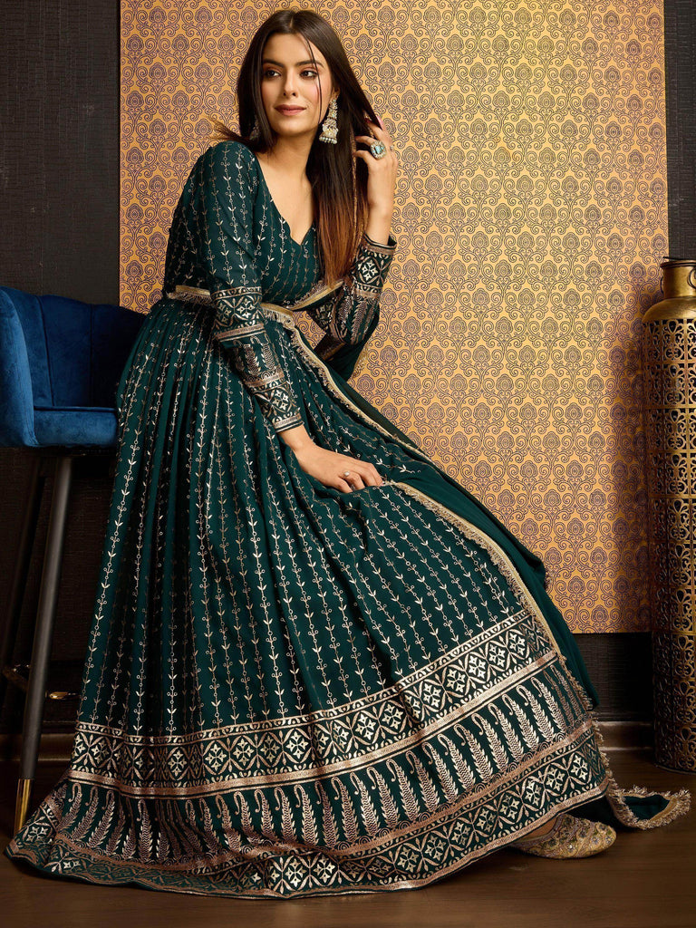 Marvelous Green Foil Work Georgette Festival Wear Gown With Dupatta