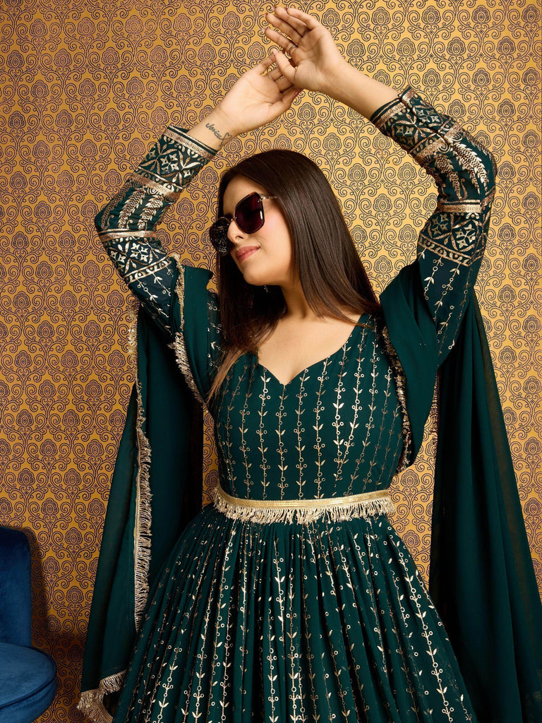 Marvelous Green Foil Work Georgette Festival Wear Gown With Dupatta