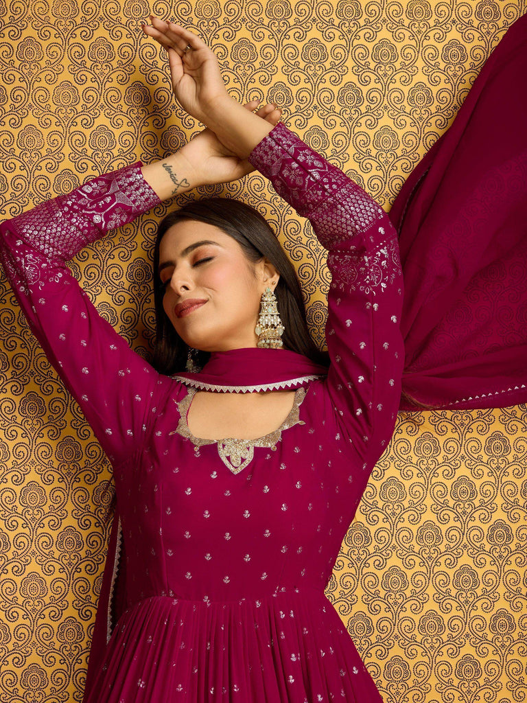 Stunning Pink Foil Work Georgette Reception Wear Gown With Dupatta