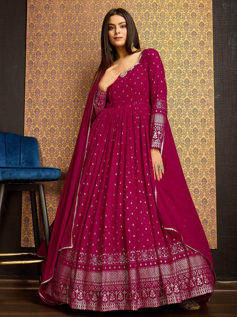 Stunning Pink Foil Work Georgette Reception Wear Gown With Dupatta