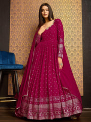 Stunning Pink Foil Work Georgette Reception Wear Gown With Dupatta