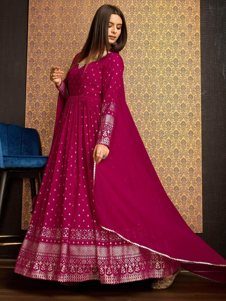 Stunning Pink Foil Work Georgette Reception Wear Gown With Dupatta