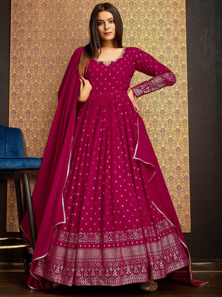 Stunning Pink Foil Work Georgette Reception Wear Gown With Dupatta