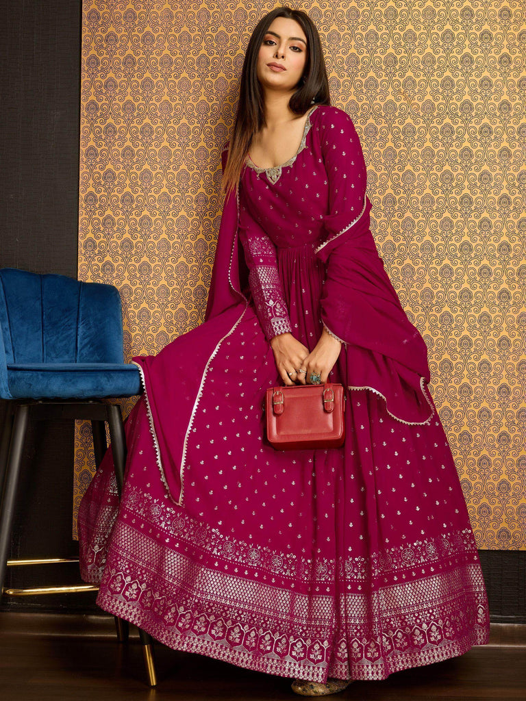 Stunning Pink Foil Work Georgette Reception Wear Gown With Dupatta