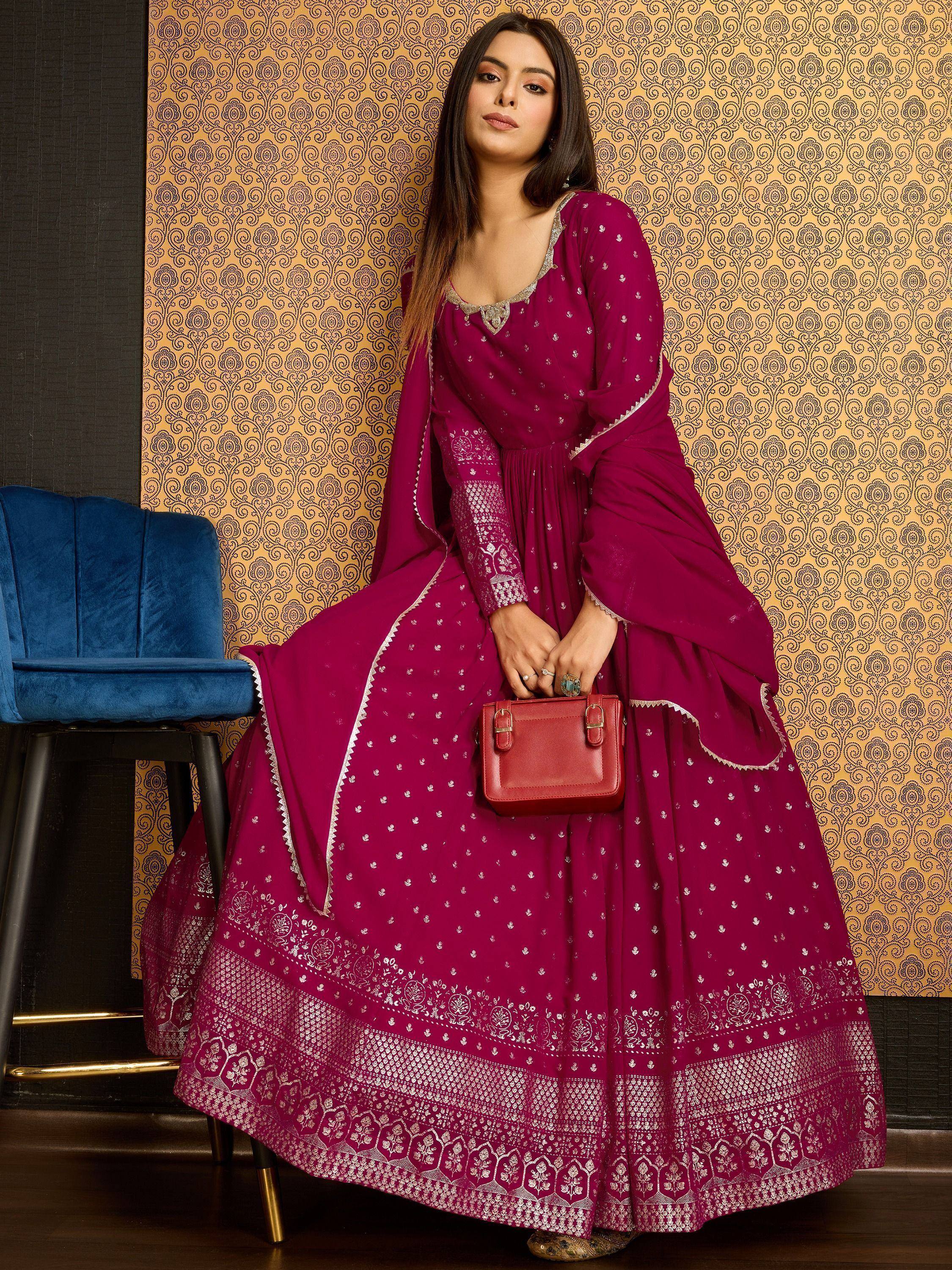 Elegant maroon ethnic anarkali suit with silver embroidery, perfect for Indian festive occasions