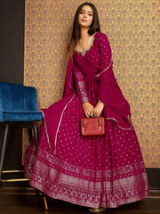 Stunning Pink Foil Work Georgette Reception Wear Gown With Dupatta