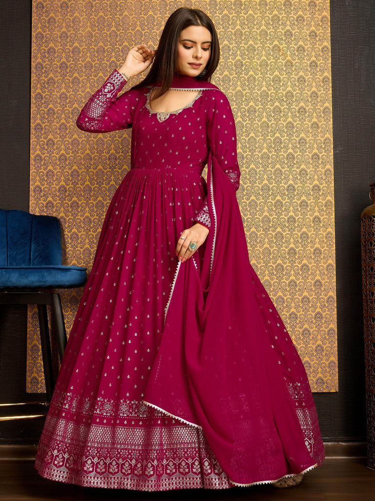 Stunning Pink Foil Work Georgette Reception Wear Gown With Dupatta