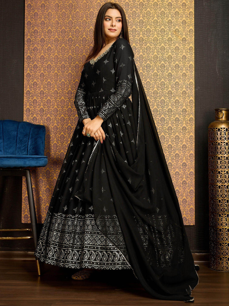 Attractive Black Foil Work Georgette Reception Wear Gown With Dupatta