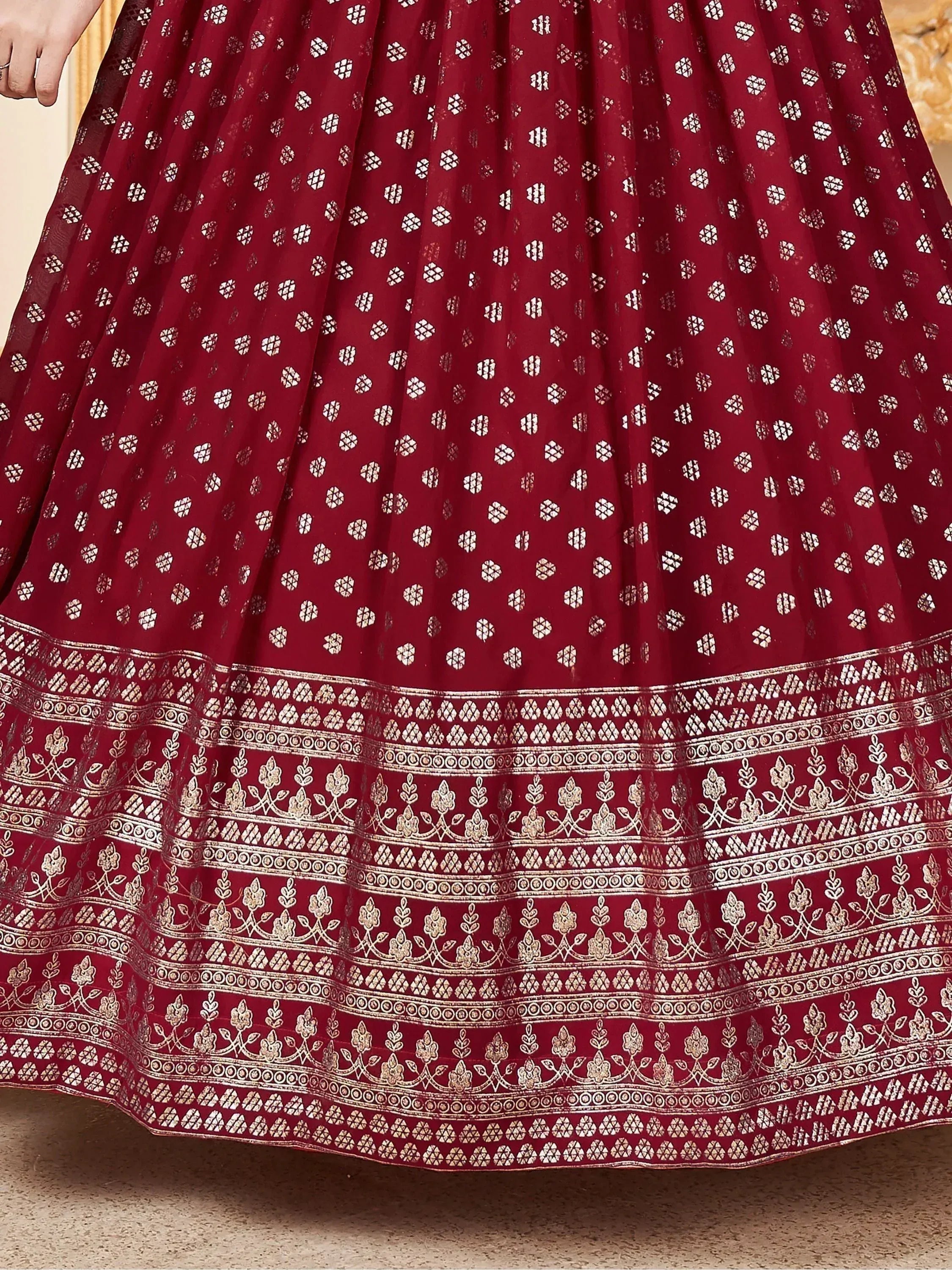 Maroon lehenga with gold floral print and intricate border, Indian ethnic wear