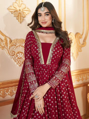 Beautiful Red Foil Work Georgette Function Wear Gown With Dupatta