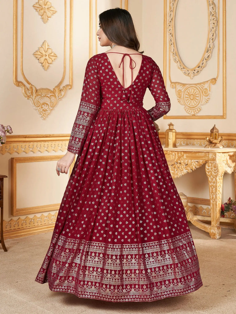 Beautiful Red Foil Work Georgette Function Wear Gown With Dupatta