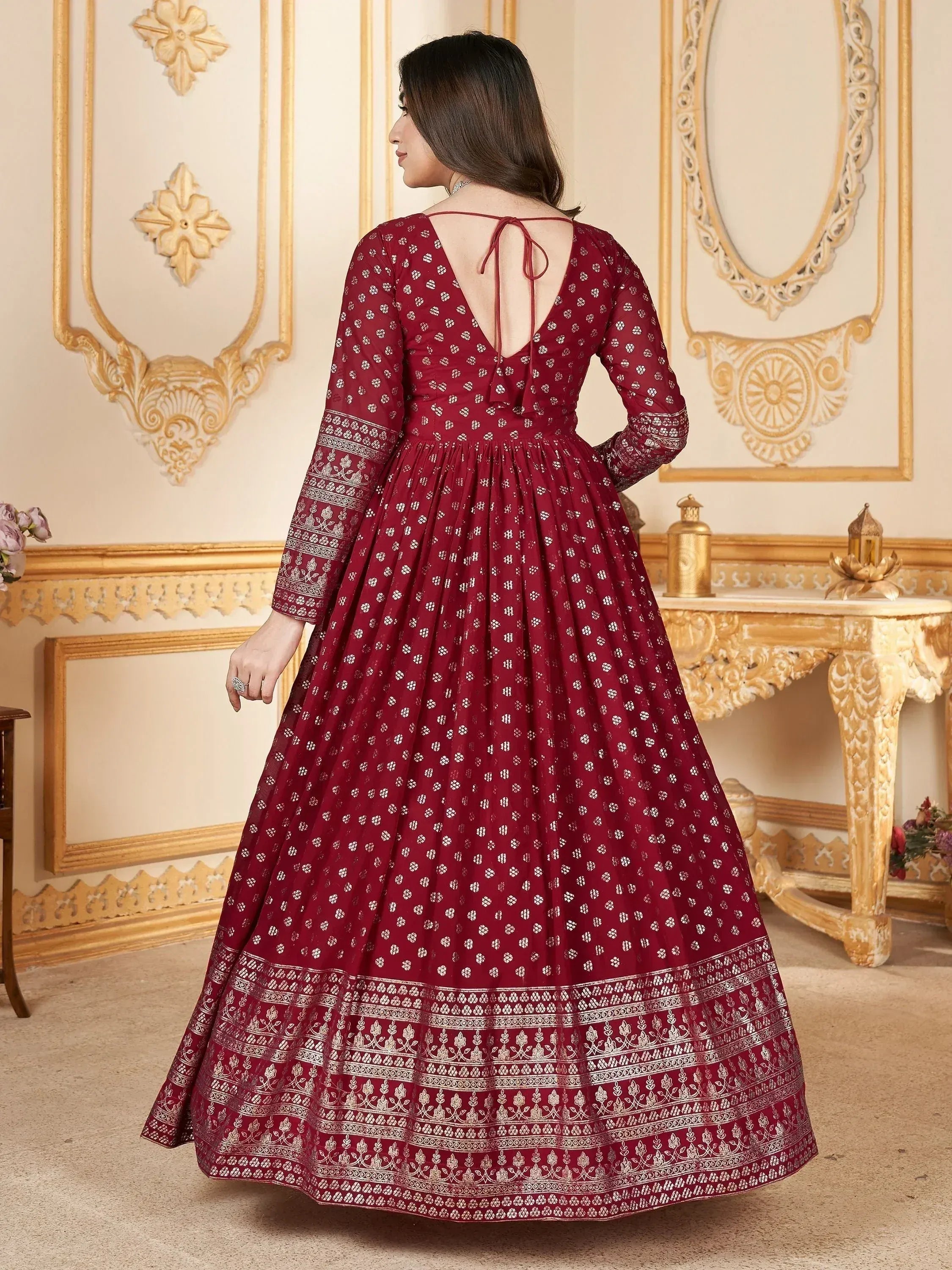 Maroon ethnic gown with white block print, back tie detail, and flared skirt for Indian occasions