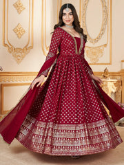 Beautiful Red Foil Work Georgette Function Wear Gown With Dupatta