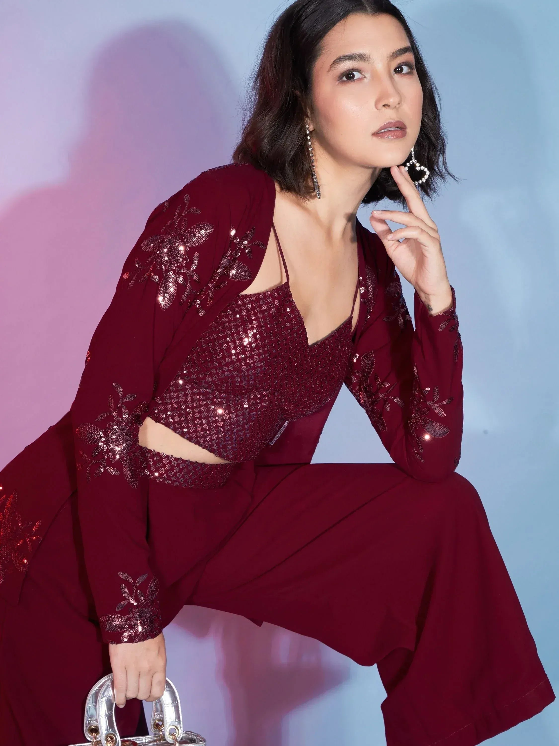 Burgundy sequin ethnic gown with floral embroidery, perfect for Indian festive occasions and parties