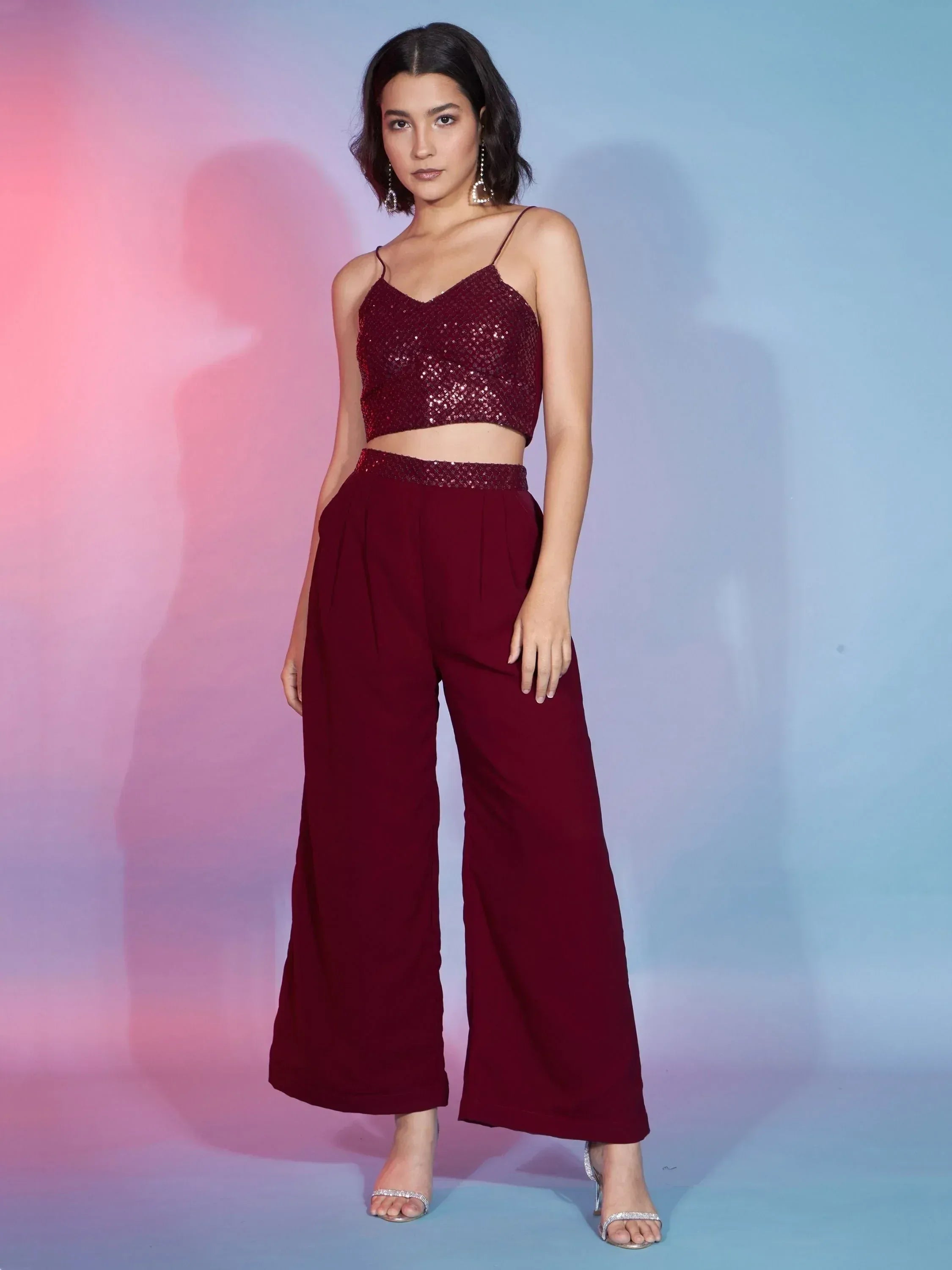 Burgundy sequin crop top with wide-leg pants, ethnic party wear outfit