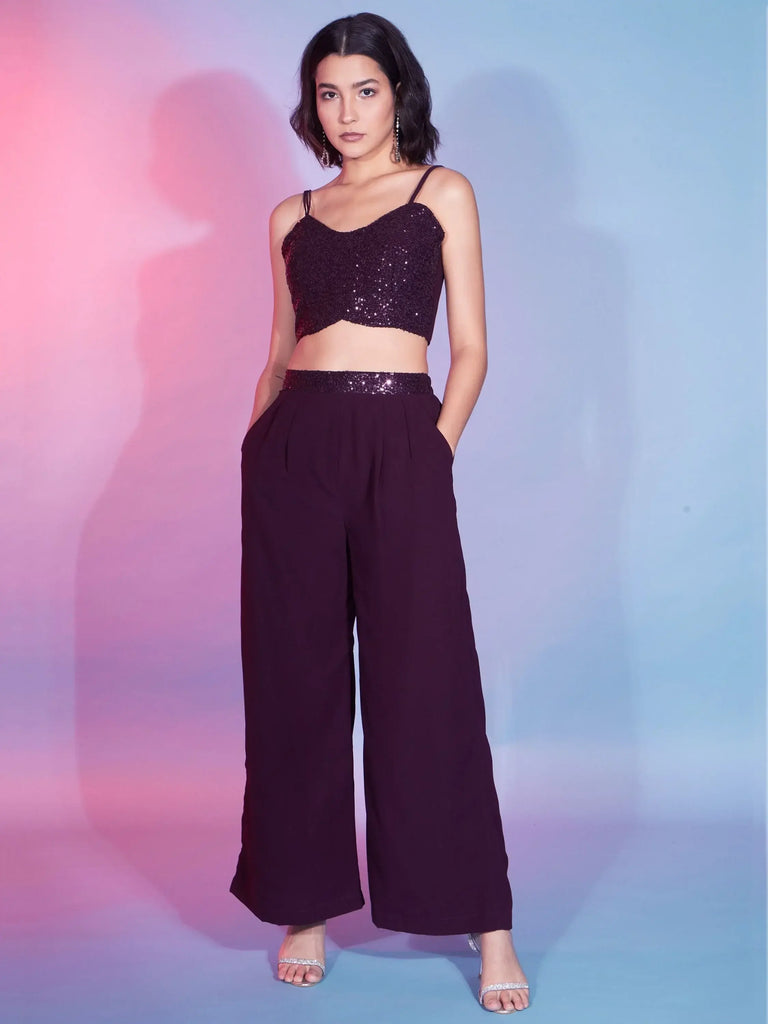 Wonderful Wine Sequins Georgette Western Co-Ord Set With Shrug