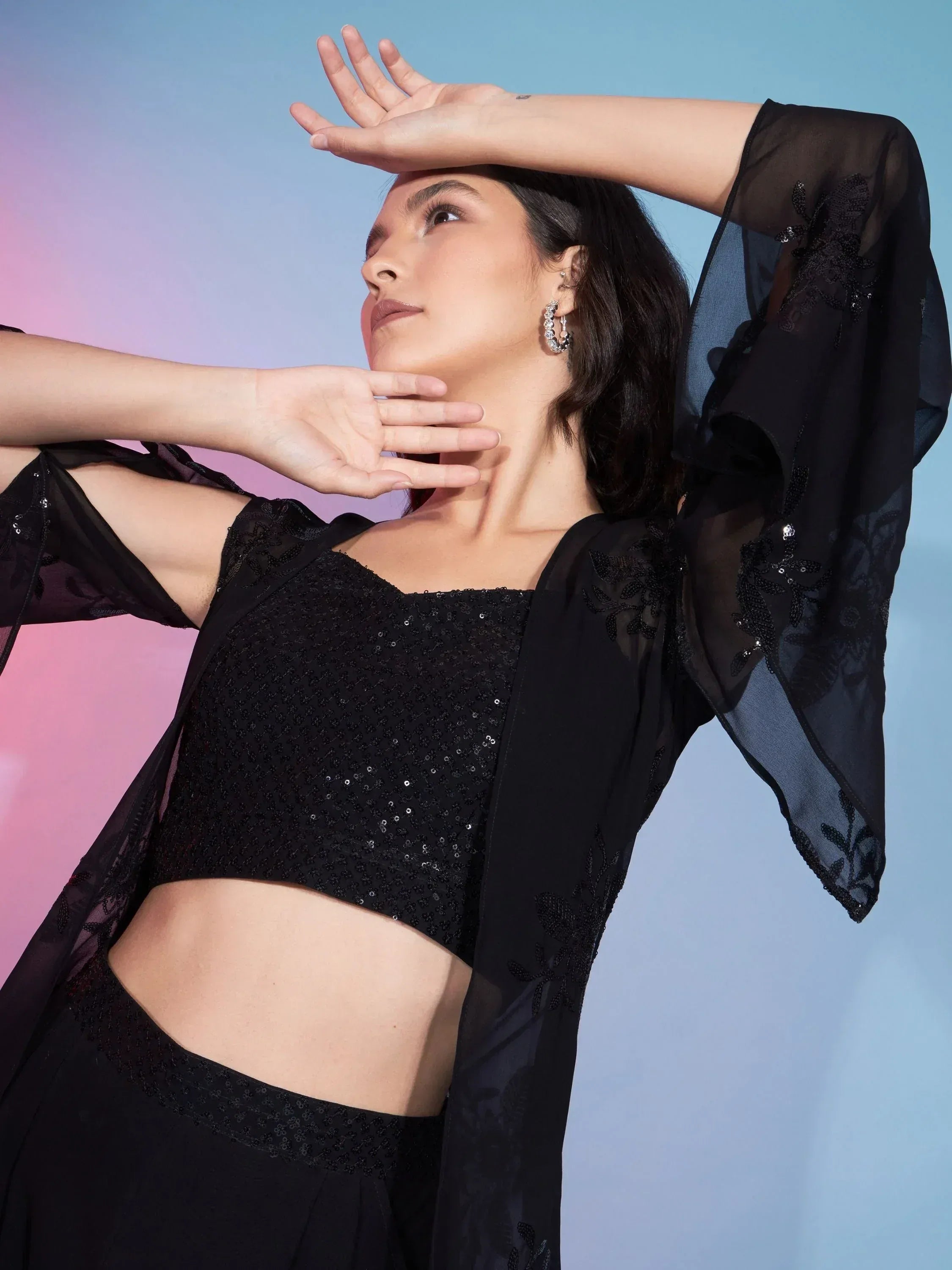 Black sequin ethnic crop top with sheer embroidered sleeves, stylish Indian wear for women