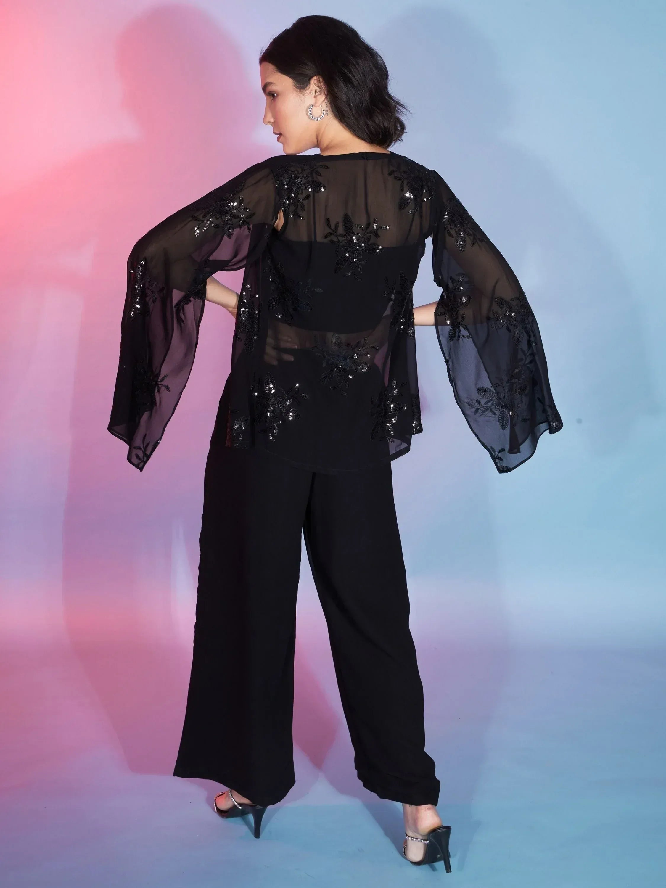 Black sequin-embellished sheer top with wide sleeves and palazzo pants, ethnic party wear outfit