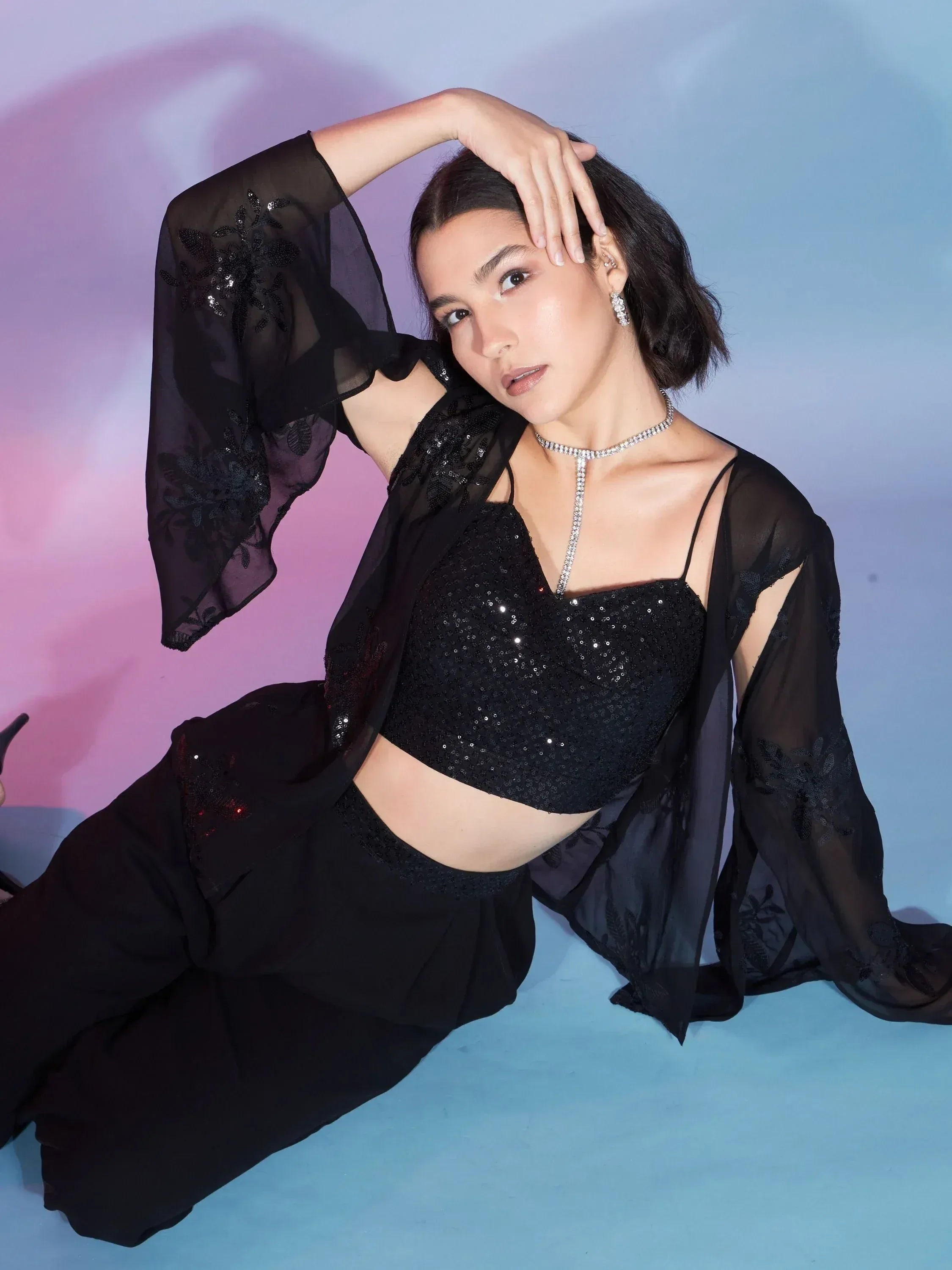 Black sequin crop top with sheer embroidered jacket, ethnic party wear outfit