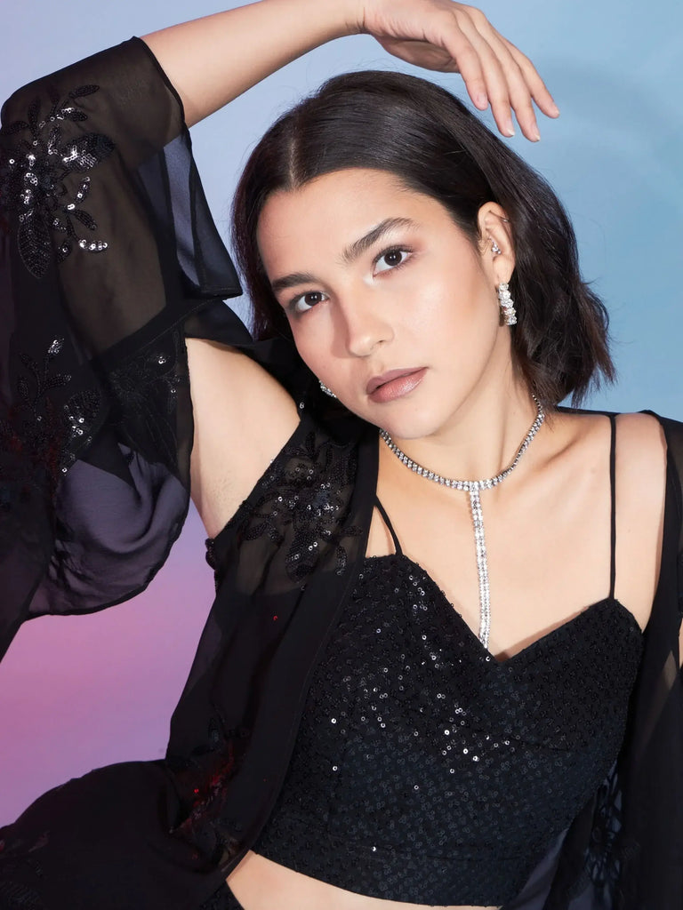 Outstanding Black Sequins Georgette Party Wear Co-Ord Set With Shrug