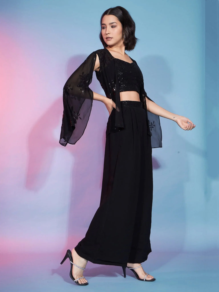 Outstanding Black Sequins Georgette Party Wear Co-Ord Set With Shrug