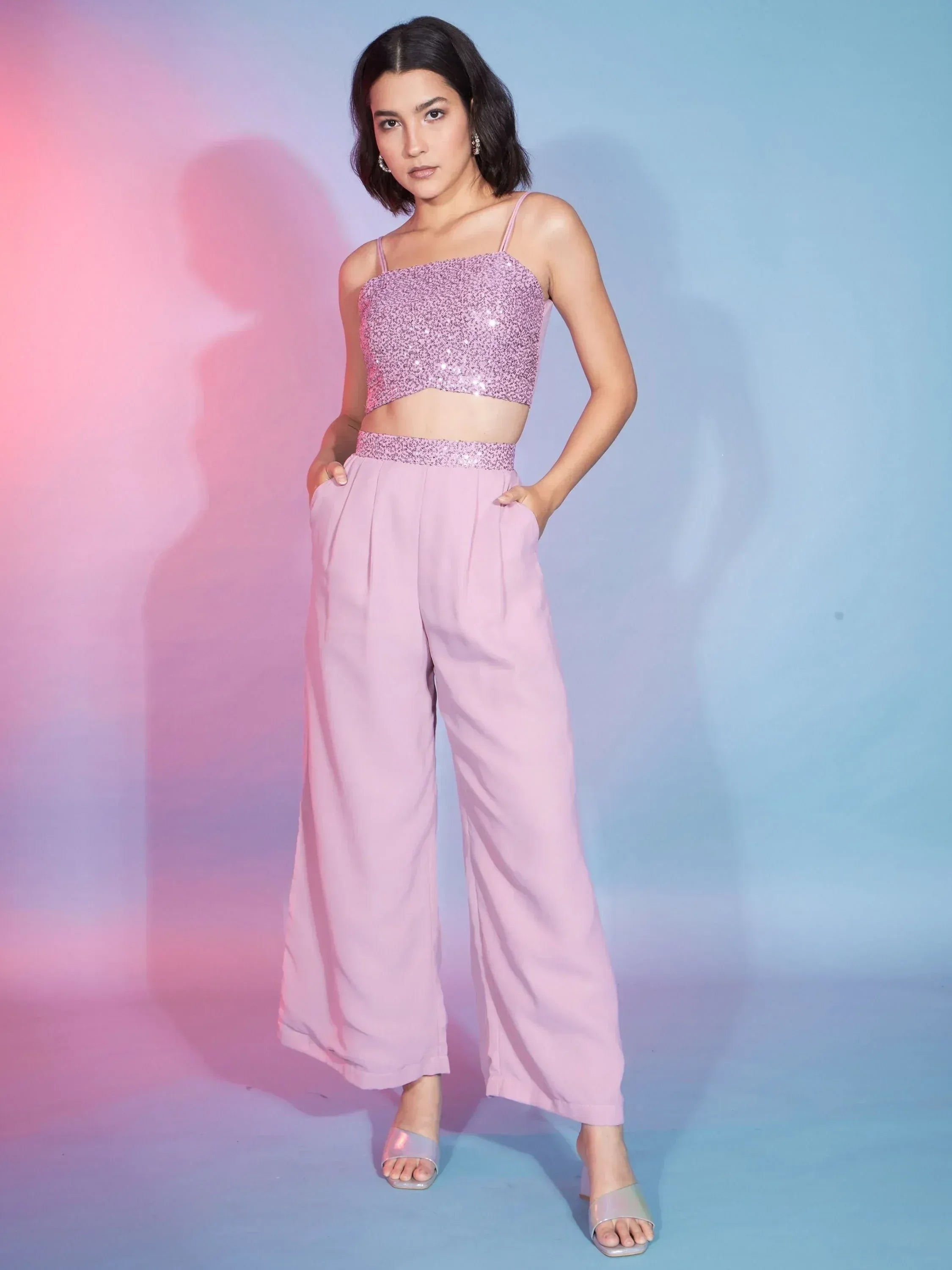 Pink sequin crop top with matching wide-leg pants, stylish ethnic wear for women