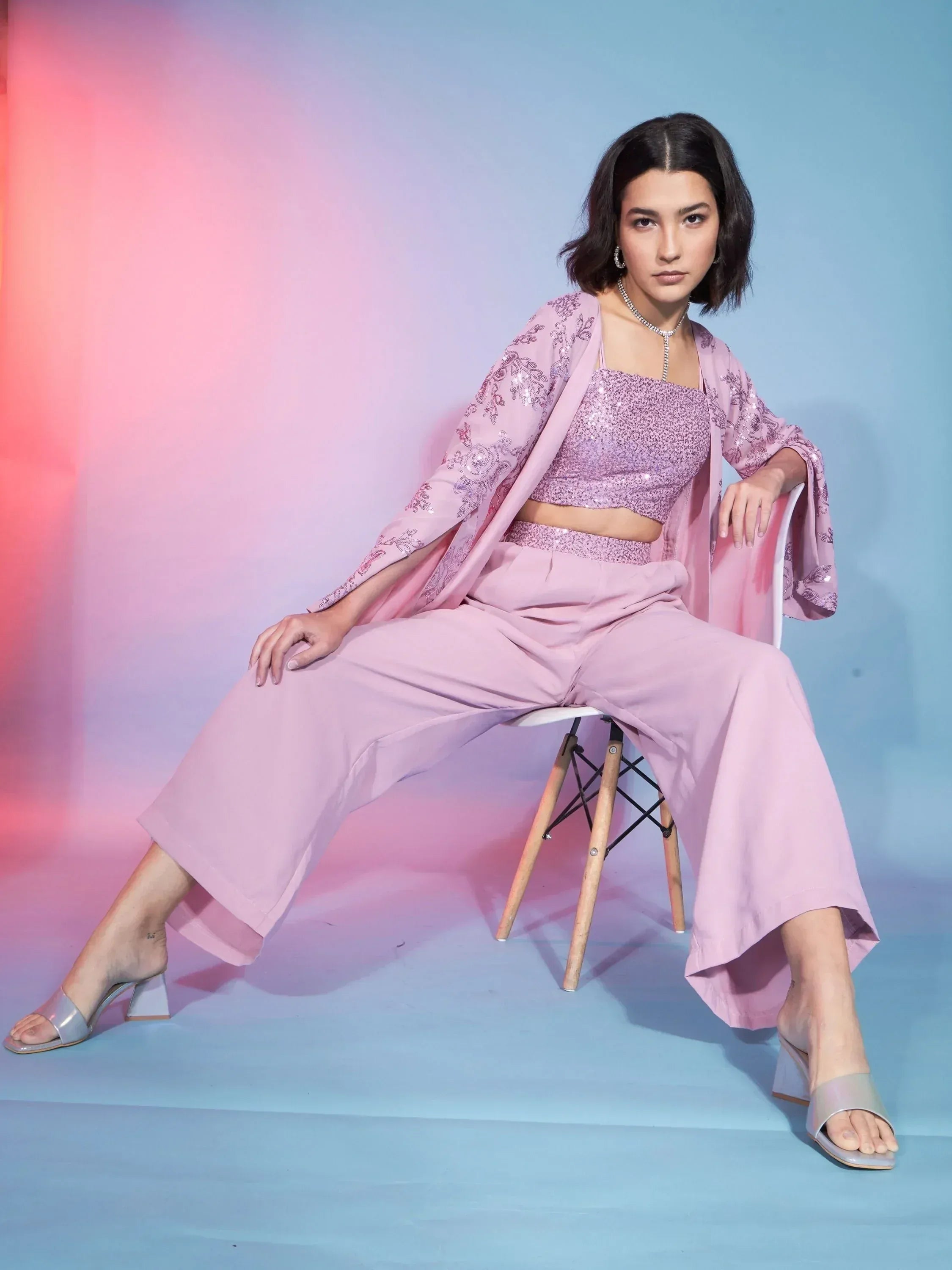 Pink sequin crop top with embroidered kimono and wide-leg pants, stylish ethnic wear for women