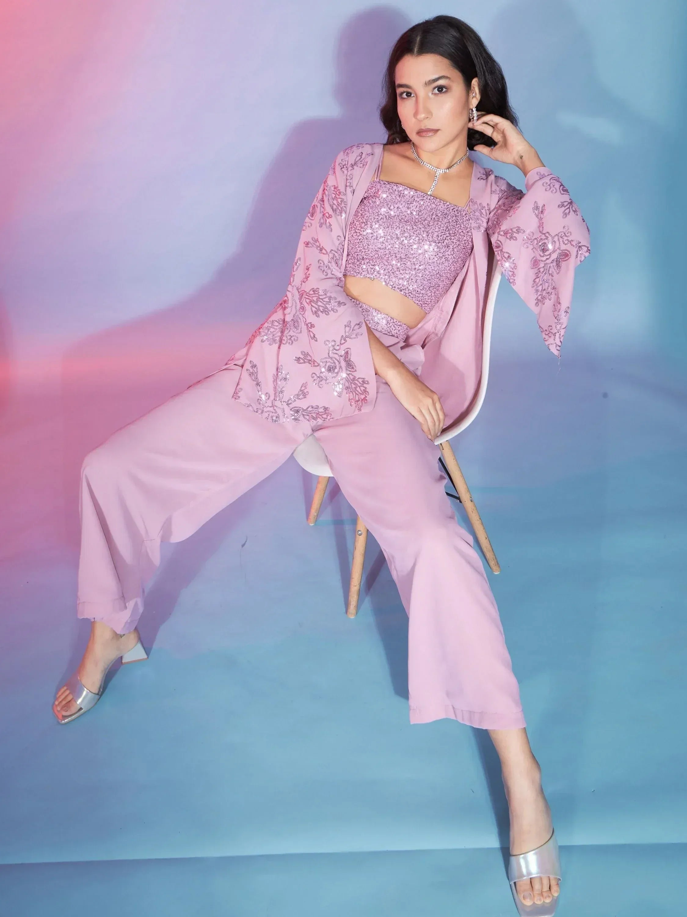 Pink sequin crop top with embroidered jacket and palazzo pants, ethnic wear outfit