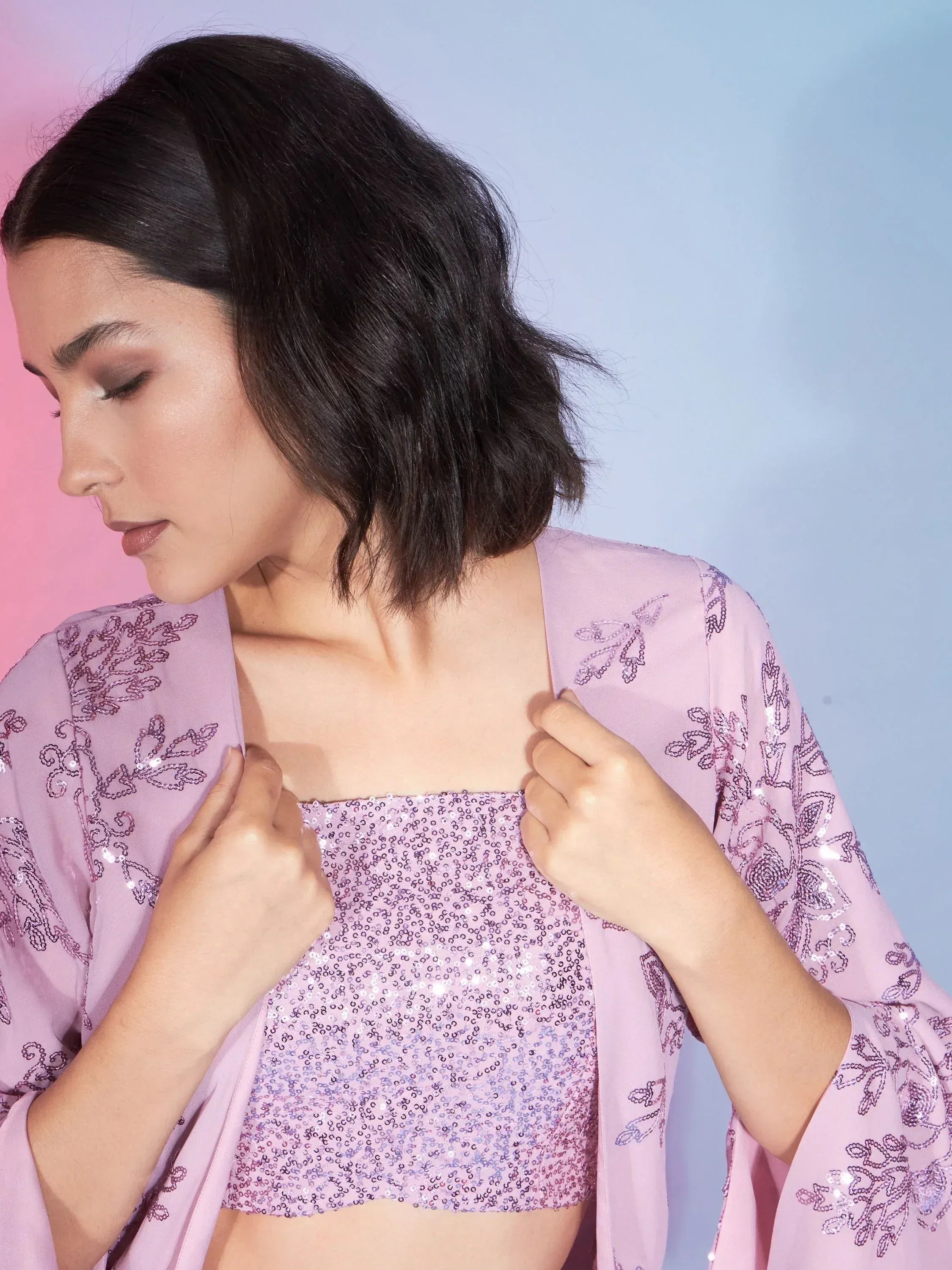 Pink sequin crop top with embroidered overlay, ethnic wear for women