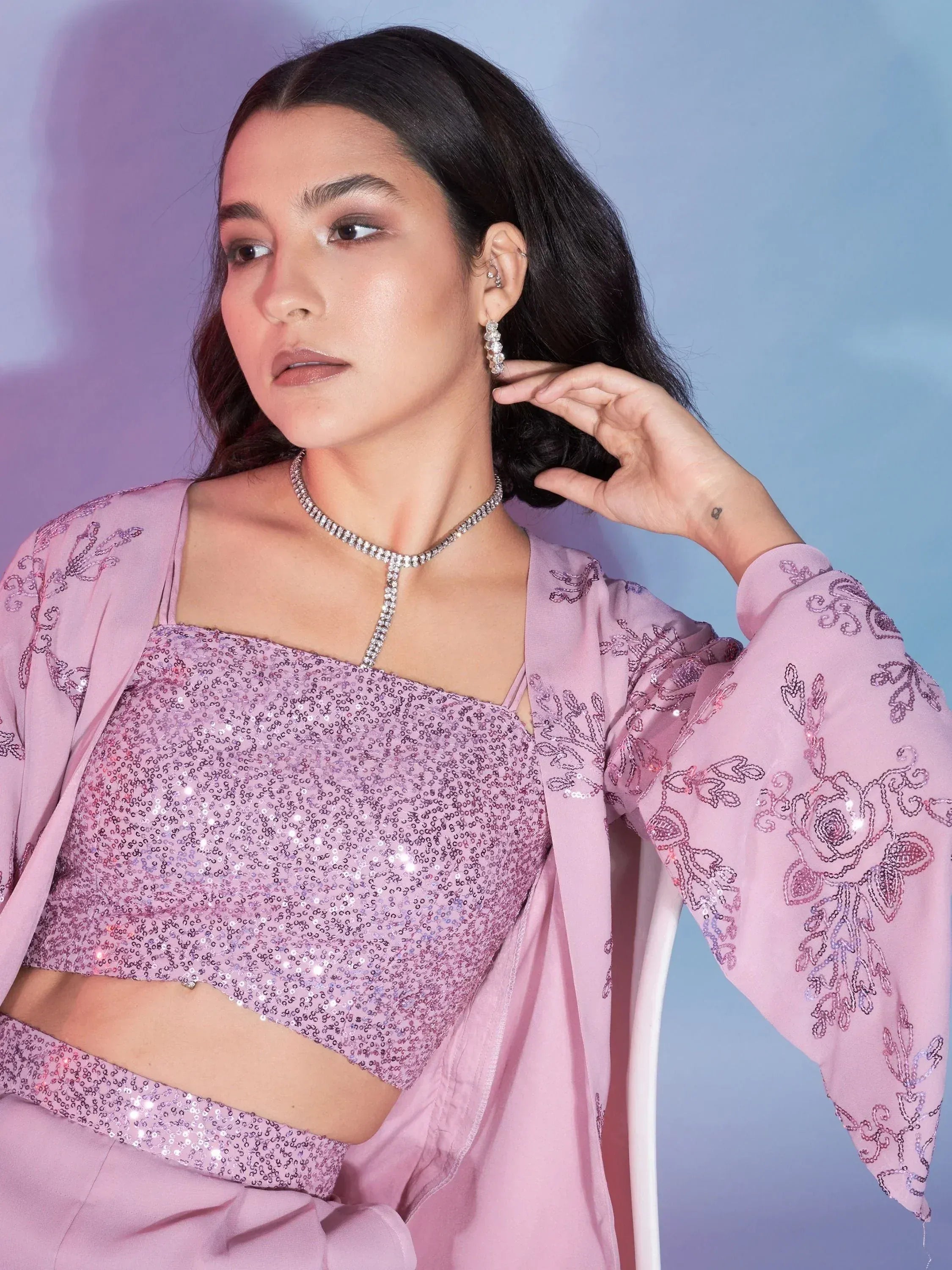 Pink sequin lehenga choli with floral embroidery, perfect for Indian ethnic wear events