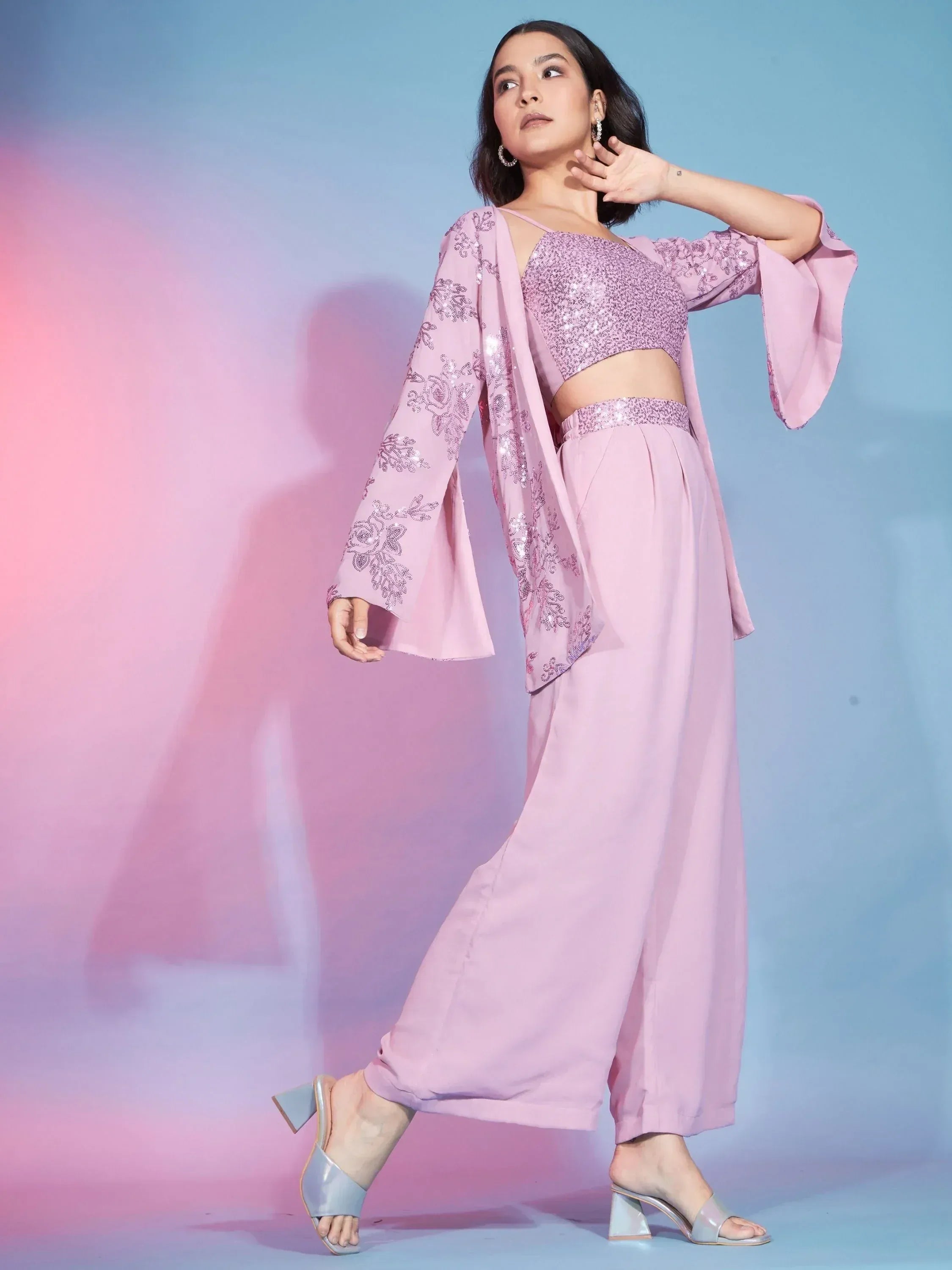 Pink sequin crop top with floral embroidered cape and palazzo pants, ethnic wear outfit