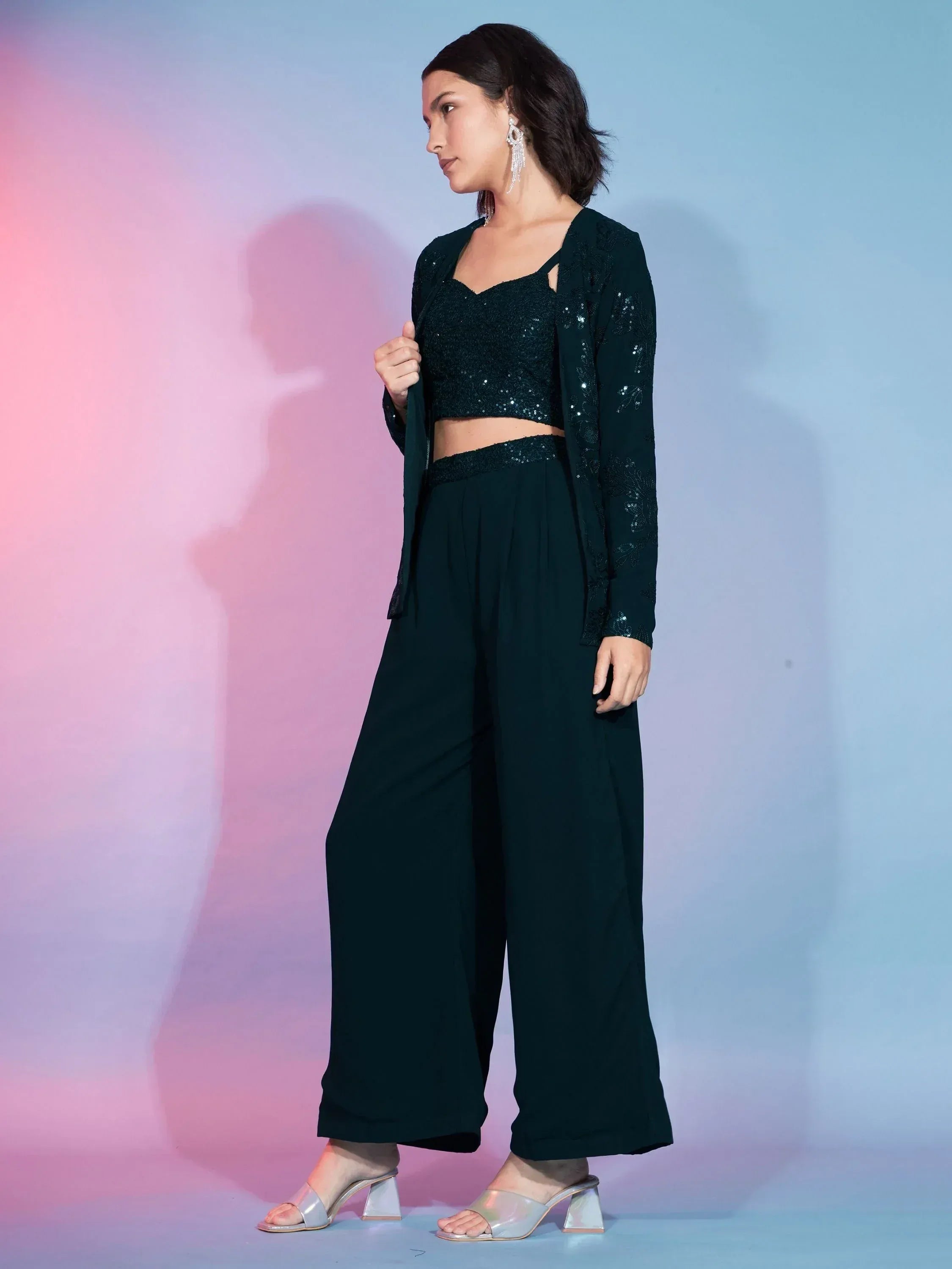 Emerald green sequin crop top with matching palazzo pants and jacket, ethnic wear for women