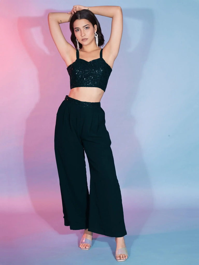 Lovely Dark Green Sequins Georgette Western Co-Ord Set With Jacket