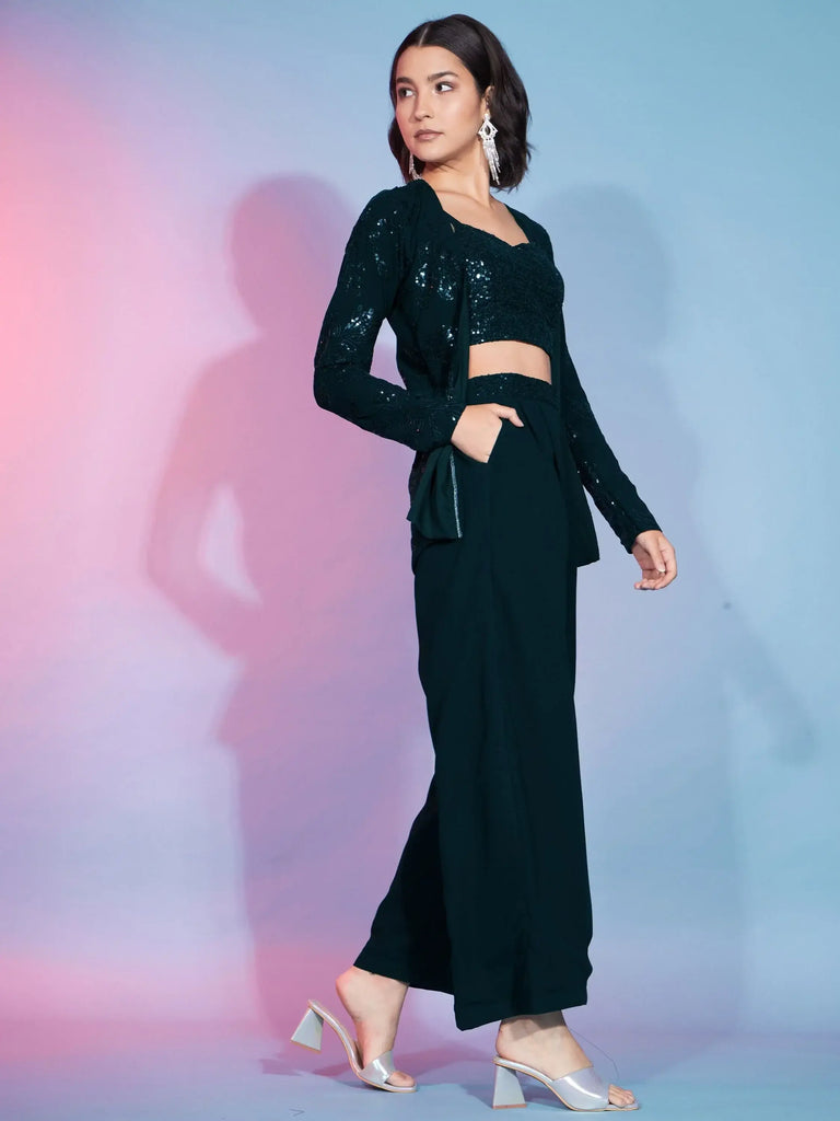 Lovely Dark Green Sequins Georgette Western Co-Ord Set With Jacket