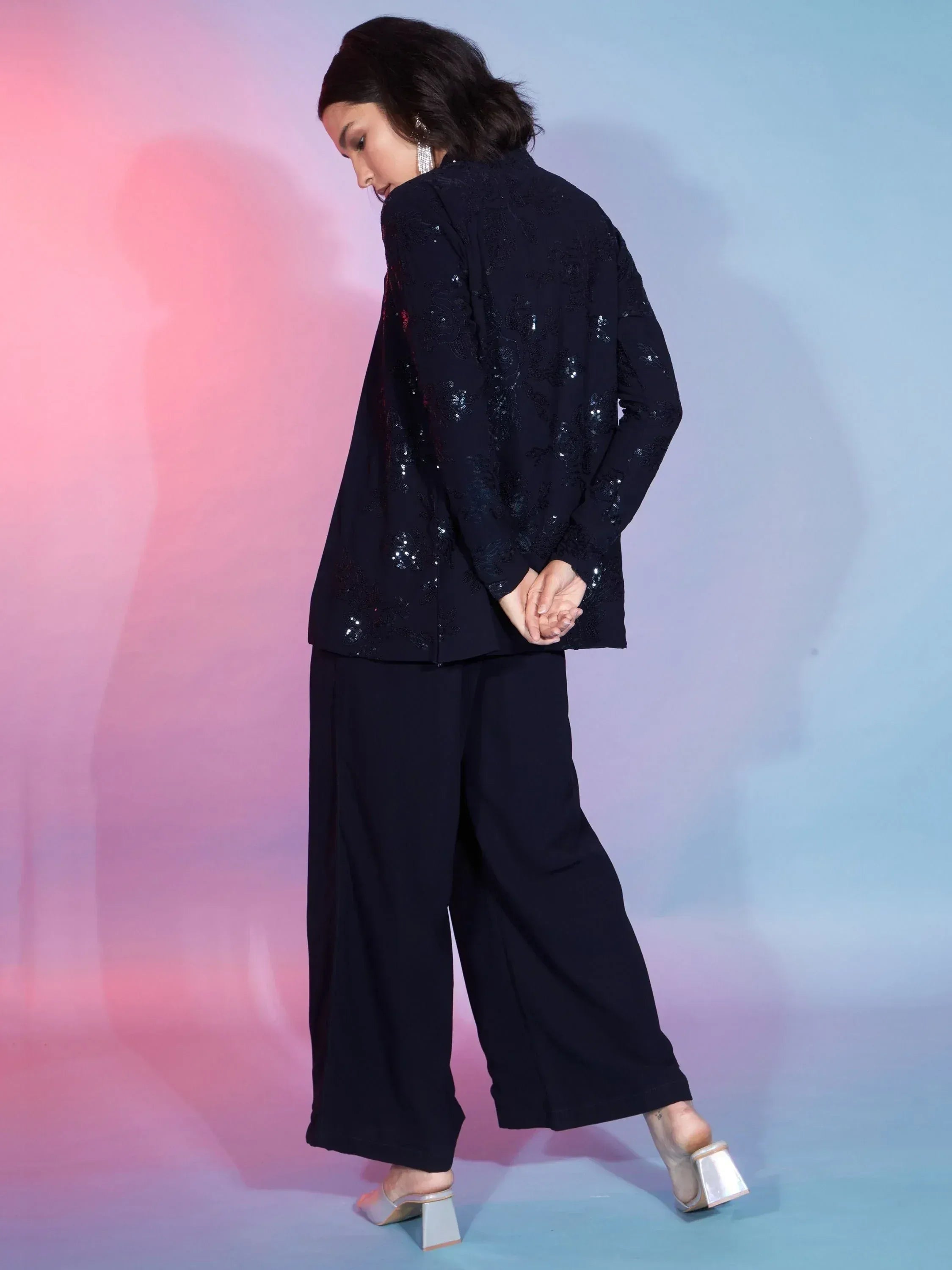 Navy blue sequin embroidered ethnic top with wide pants, stylish Indian wear for women