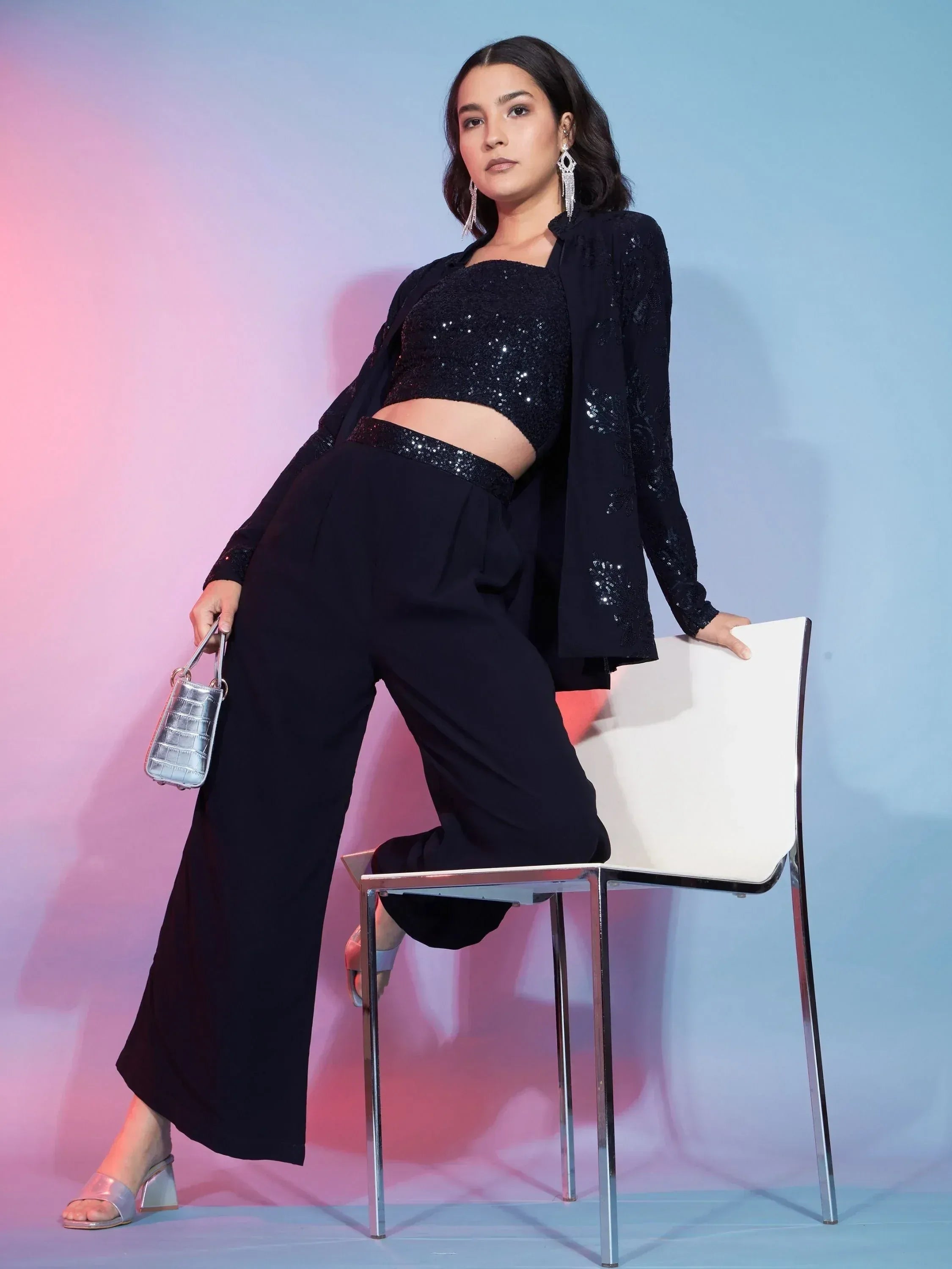 Black sequin crop top with matching pants and jacket, stylish ethnic wear for women