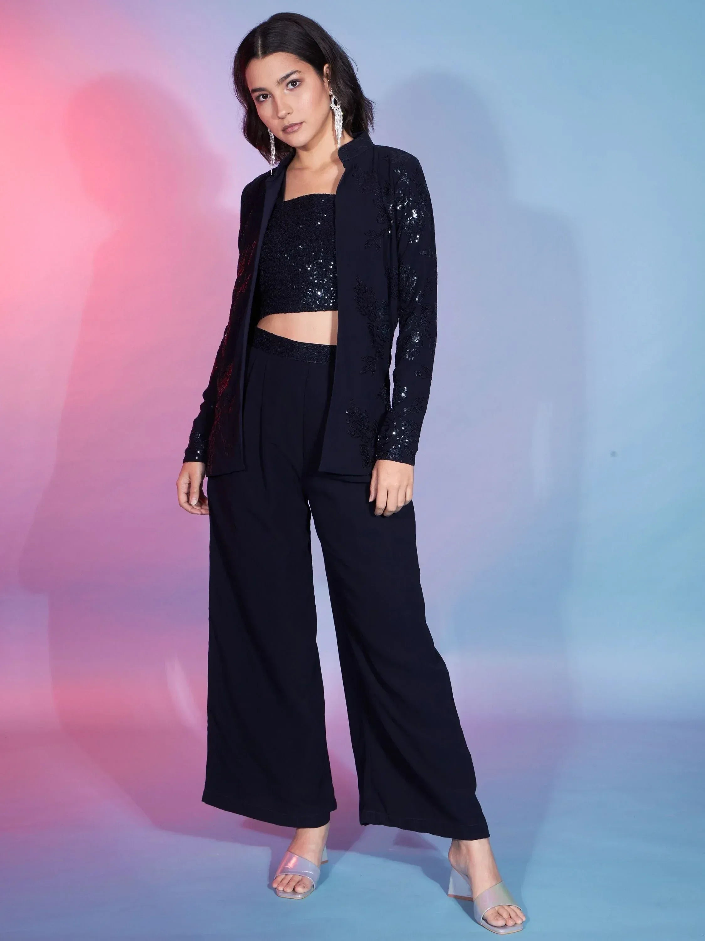 Black sequin crop top with embroidered jacket and wide-leg pants, ethnic party wear outfit