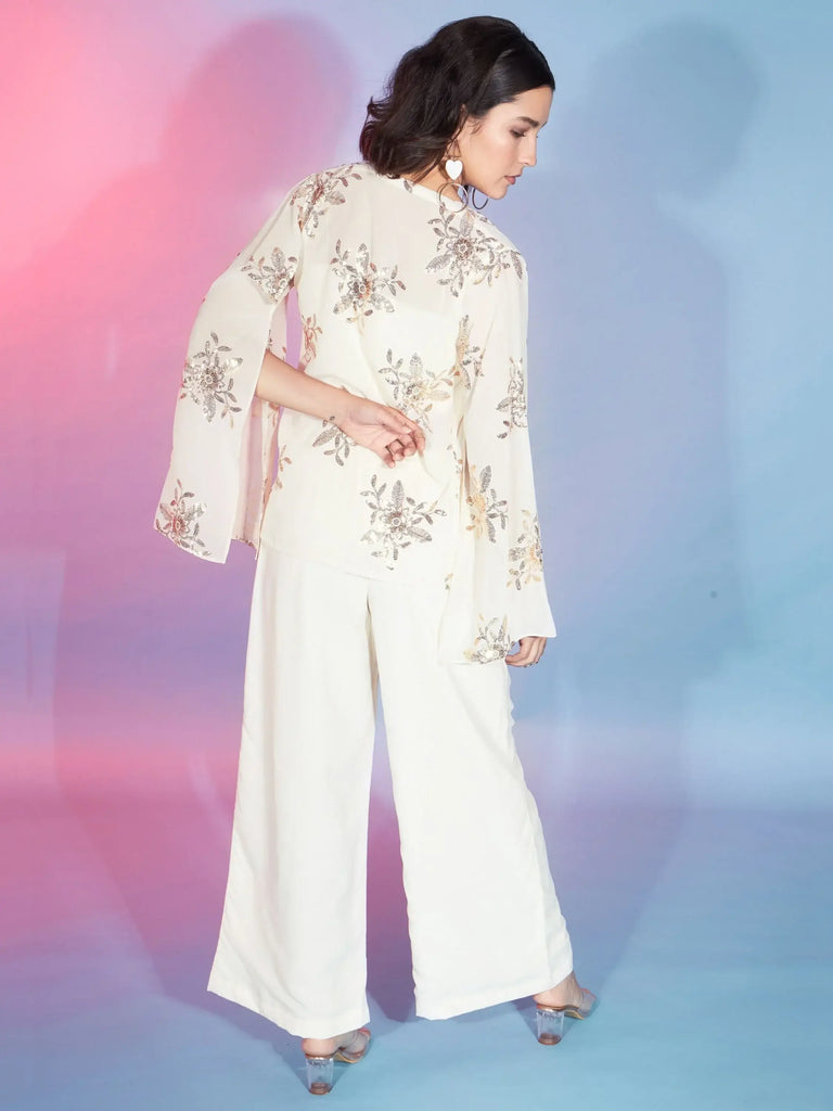 Stunning Off-White Sequins Georgette Designer Co-Ord Set With Shrug
