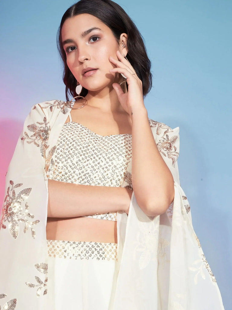 Stunning Off-White Sequins Georgette Designer Co-Ord Set With Shrug