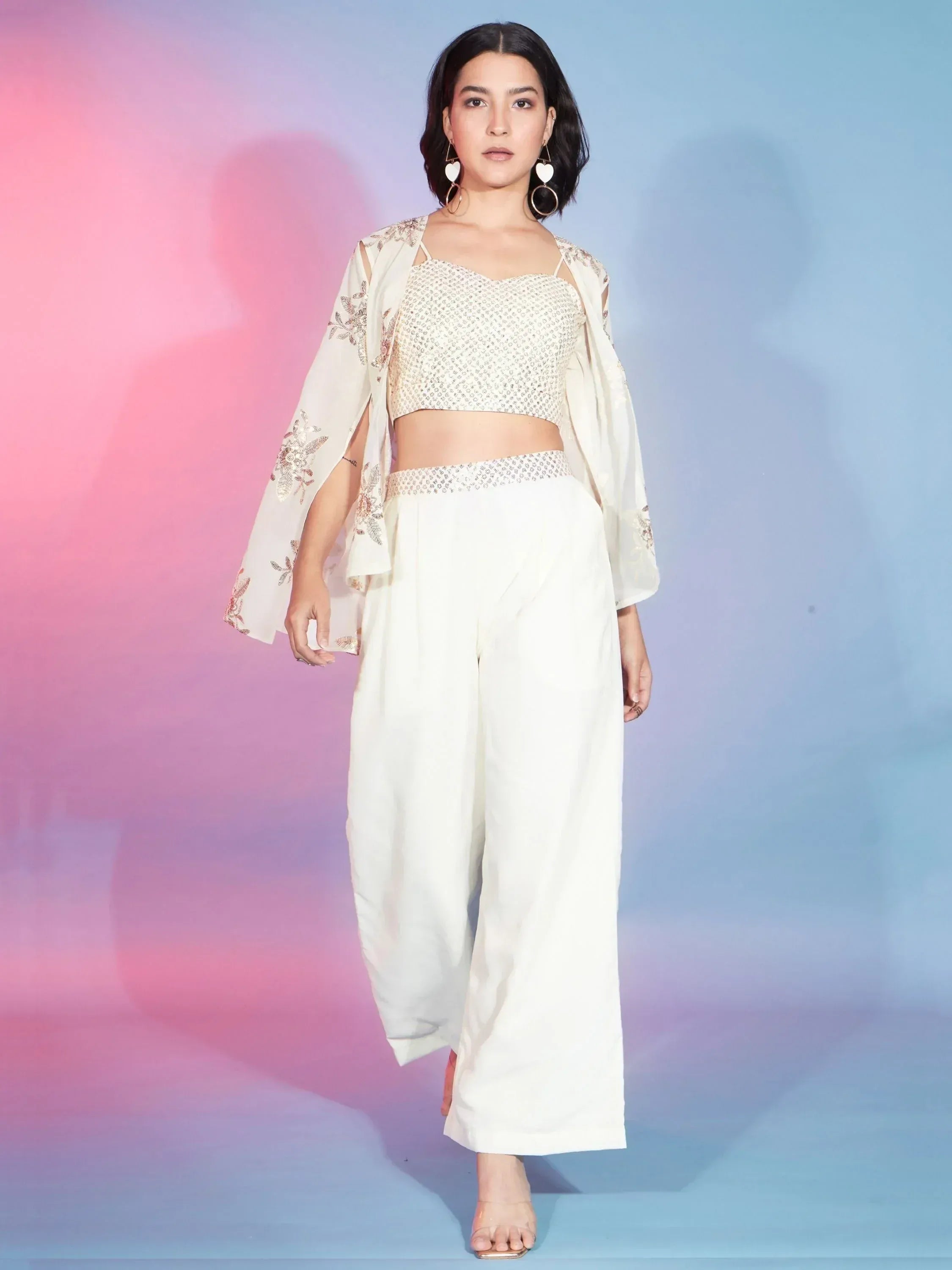 White embroidered ethnic pants set with crop top and sheer jacket for women