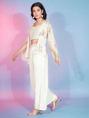Stunning Off-White Sequins Georgette Designer Co-Ord Set With Shrug