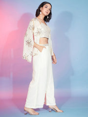 Stunning Off-White Sequins Georgette Designer Co-Ord Set With Shrug