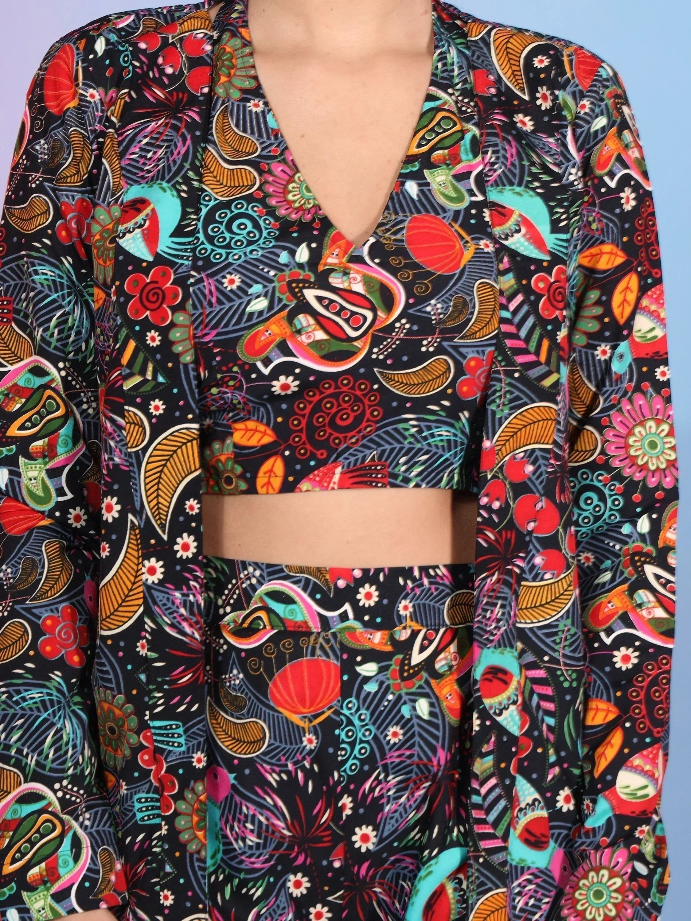 V-neck ethnic print crop top with colorful floral and paisley patterns, perfect for Indian wear