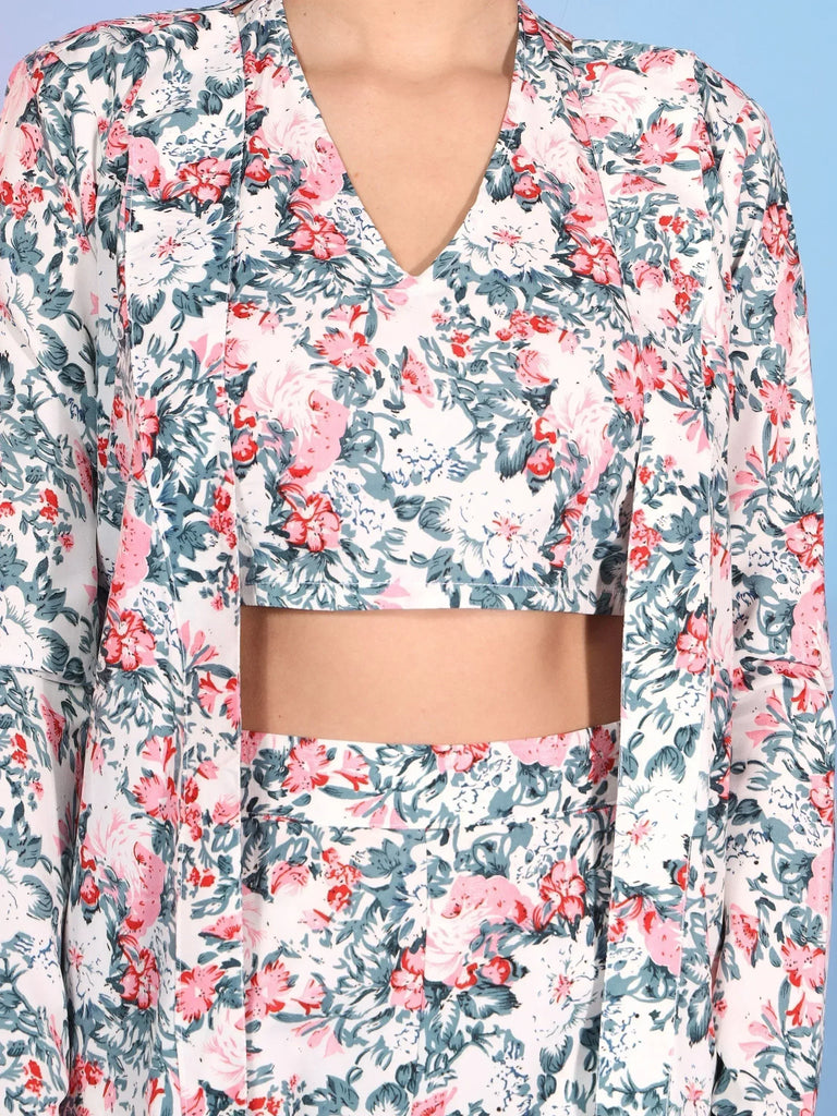 Floral print ethnic crop top and matching palazzo set with V-neck and puff sleeves