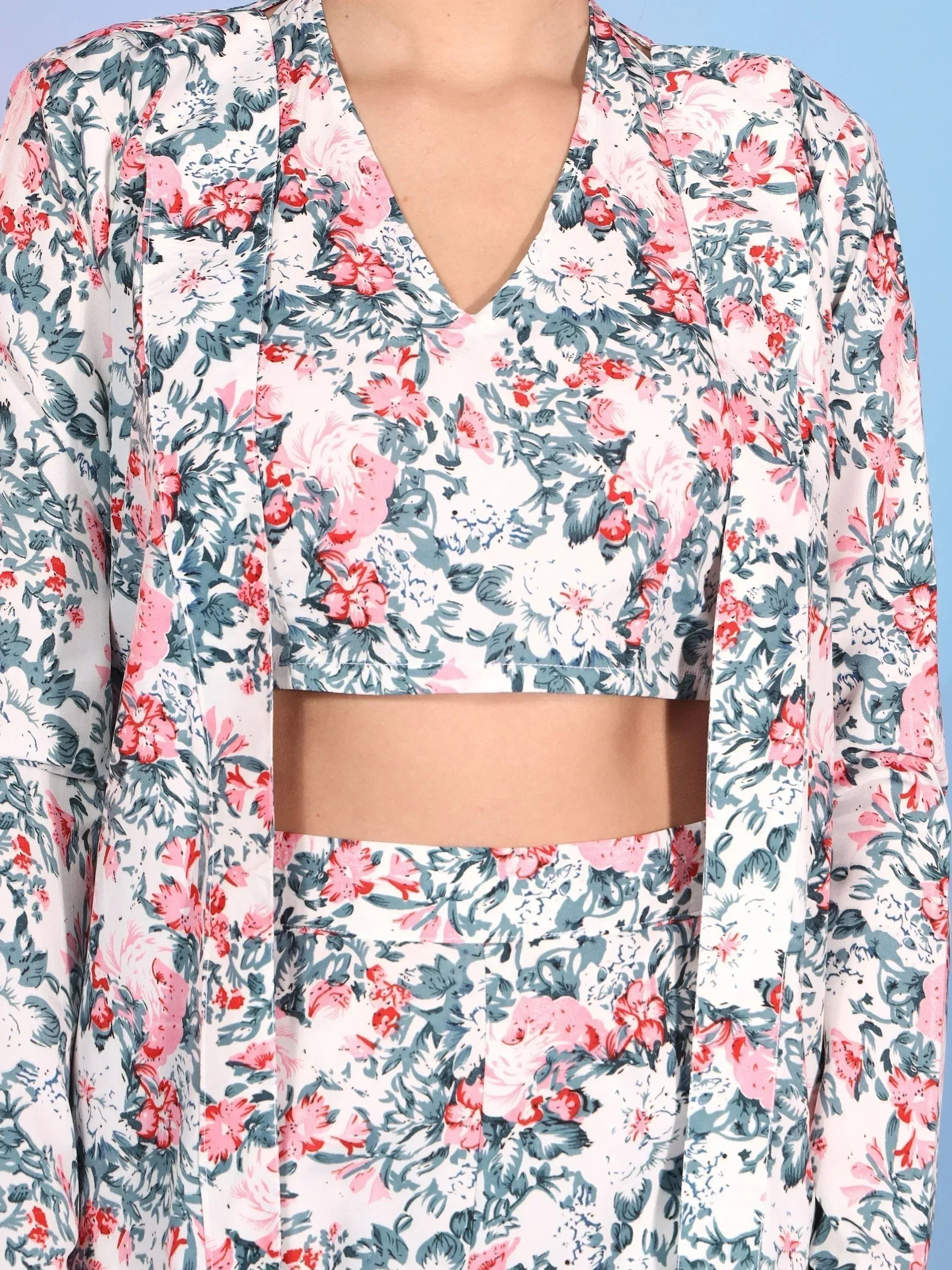Floral print ethnic crop top and matching palazzo set with V-neck and puff sleeves