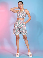Mesmerizing White Floral Printed Cotton Short Co-Ord Set